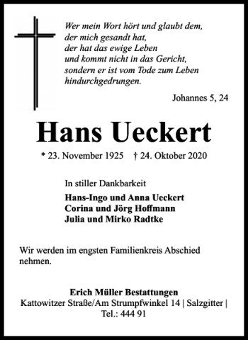 Traueranzeige von Hans Ueckert von Salzgitter Zeitung