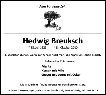 Traueranzeige von Hedwig Breuksch von Braunschweiger Zeitung