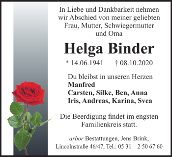 Traueranzeige von Helga Binder von Braunschweiger Zeitung
