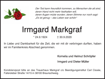 Traueranzeige von Irmgard Markgraf von Braunschweiger Zeitung