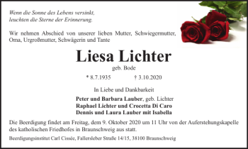 Traueranzeige von Liesa Lichter von Braunschweiger Zeitung