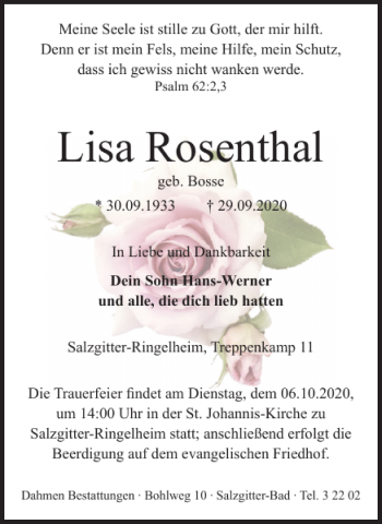 Traueranzeige von Lisa Rosenthal von Salzgitter Zeitung