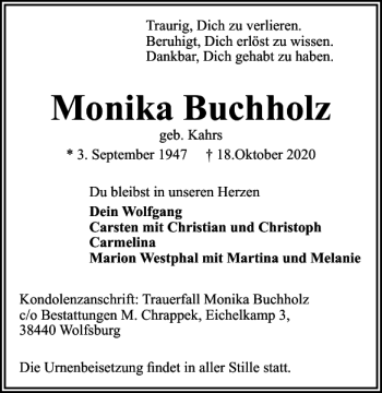 Traueranzeige von Monika Buchholz von Wolfsburger Nachrichten