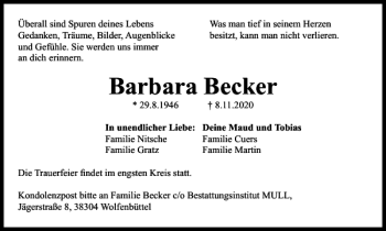 Traueranzeige von Barbara Becker von Braunschweiger Zeitung