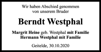 Traueranzeige von Berndt Westphal von Braunschweiger Zeitung