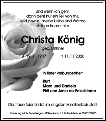 Traueranzeige von Christa König von Wolfsburger Nachrichten