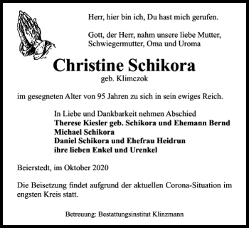 Traueranzeige von Christine Schikora von Helmstedter Nachrichten