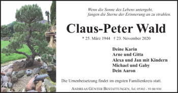 Traueranzeige von Claus-Peter Wald von Braunschweiger Zeitung