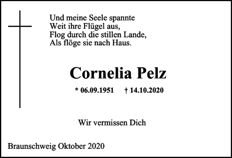  Traueranzeige für Cornelia Pelz vom 07.11.2020 aus Braunschweiger Zeitung