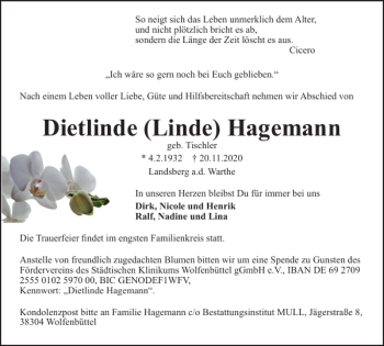 Traueranzeige von Dietlinde Linde Hagemann von Wolfenbütteler Zeitung