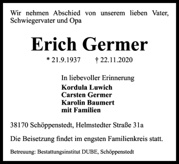 Traueranzeige von Erich Germer von Wolfenbütteler Zeitung