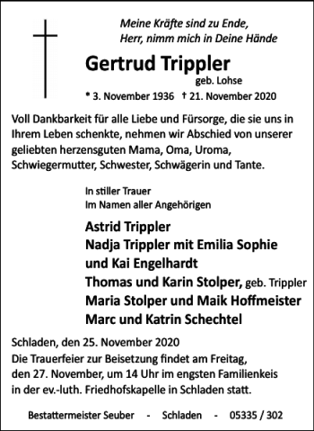 Traueranzeige von Gertrud Trippler von Wolfenbütteler Zeitung