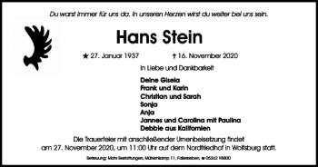 Traueranzeige von Hans Stein von Wolfsburger Nachrichten