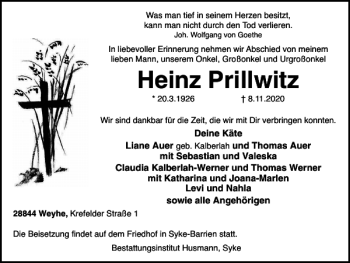 Traueranzeige von Heinz Prillwitz von Braunschweiger Zeitung