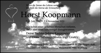Traueranzeige von Horst Koopmann von Wolfsburger Nachrichten
