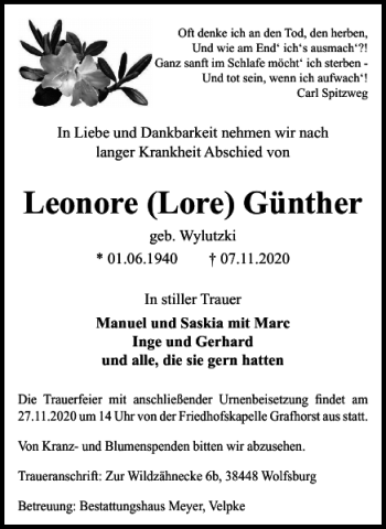 Traueranzeige von Leonore Lore Günther von Wolfsburger Nachrichten