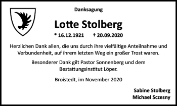 Traueranzeige von Lotte Stolberg von Peiner Nachrichten