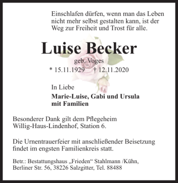 Traueranzeige von Luise Becker von Salzgitter Zeitung