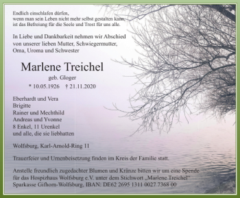 Traueranzeige von Marlene Treichel von Wolfsburger Nachrichten