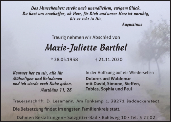 Traueranzeige von Maxie-Juliette Barthel von Salzgitter Zeitung