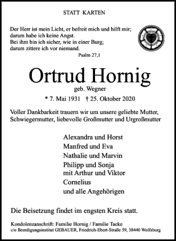 Traueranzeige von Ortrud Hornig von Wolfsburger Nachrichten