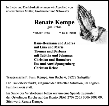 Traueranzeige von Renate Kempe von Salzgitter Zeitung