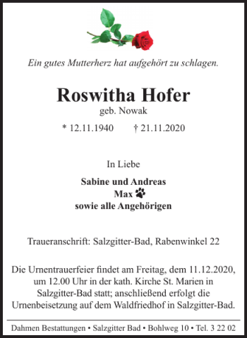 Traueranzeige von Roswitha Hofer von Salzgitter Zeitung