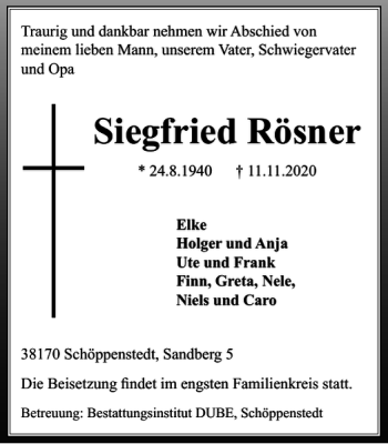 Traueranzeige von Siegfried Rösner von Wolfenbütteler Zeitung