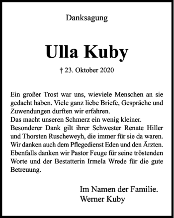 Traueranzeige von Ulla Kuby von Wolfenbütteler Zeitung