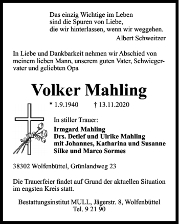 Traueranzeige von Volker Mahling von Wolfenbütteler Zeitung