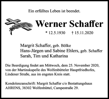 Traueranzeige von Werner Schaffer von Wolfenbütteler Zeitung