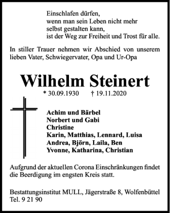 Traueranzeige von Wilhelm Steinert von Wolfenbütteler Zeitung