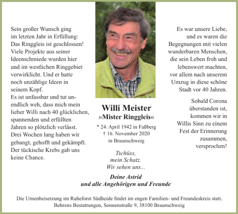  Traueranzeige für Willi Meister vom 21.11.2020 aus Braunschweiger Zeitung