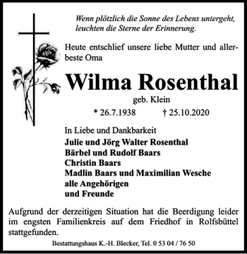 Traueranzeige von Wilma Rosenthal von Wolfsburger Nachrichten