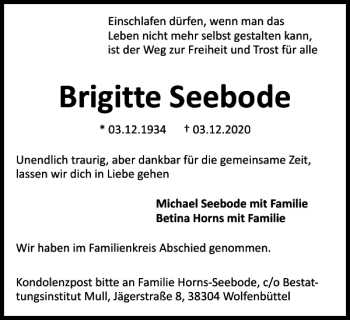 Traueranzeige von Brigitte Seebode von Wolfenbütteler Zeitung
