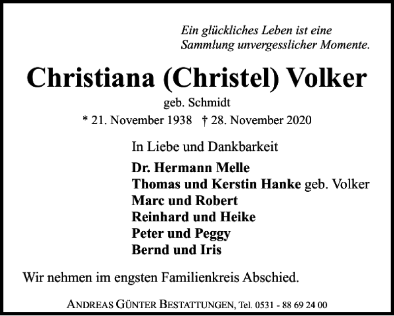  Traueranzeige für Christiana „Christel“ Volker vom 05.12.2020 aus Braunschweiger Zeitung