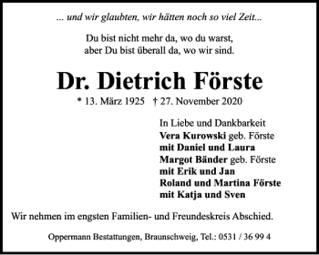 Traueranzeige von Dr. Dietrich Förste von Braunschweiger Zeitung