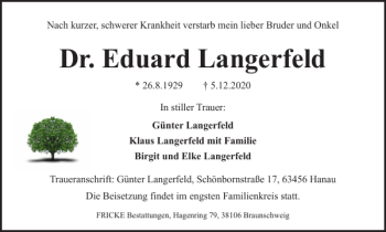 Traueranzeige von Dr. Eduard Langerfeld von Braunschweiger Zeitung