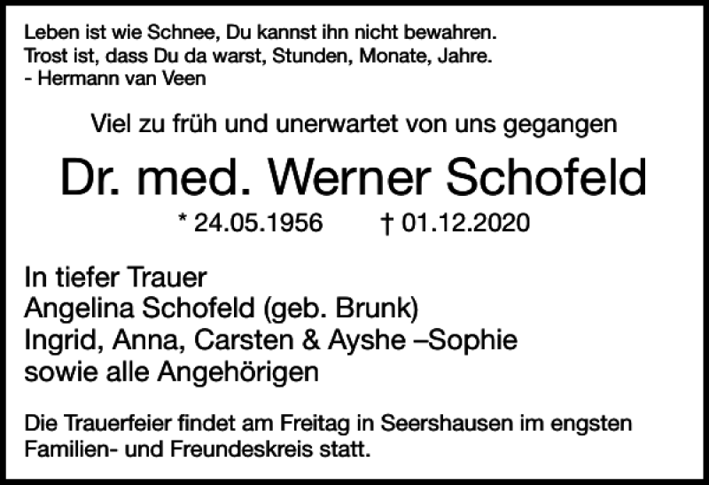  Traueranzeige für Dr. med. Werner Schofeld vom 10.12.2020 aus Braunschweiger Zeitung