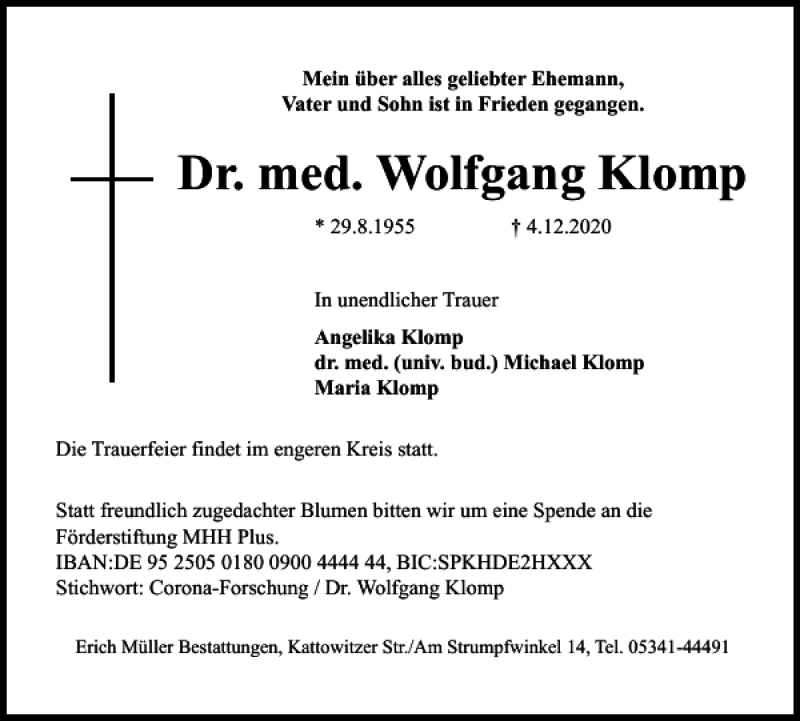  Traueranzeige für Dr. med. Wolfgang Klomp vom 09.12.2020 aus Salzgitter Zeitung
