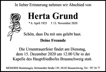 Traueranzeige von Herta Grund von Braunschweiger Zeitung