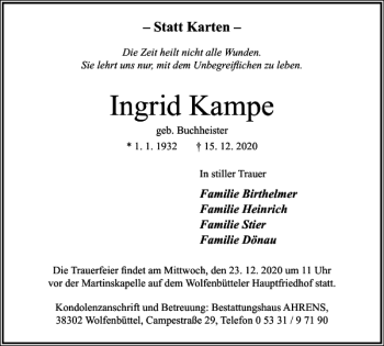 Traueranzeige von Ingrid Kampe von Wolfenbütteler Zeitung