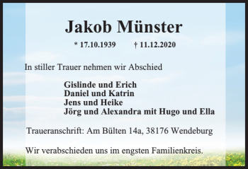 Traueranzeige von Jakob Münster von Peiner Nachrichten