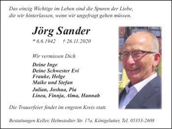 Traueranzeige von Jörg Sander von Helmstedter Nachrichten