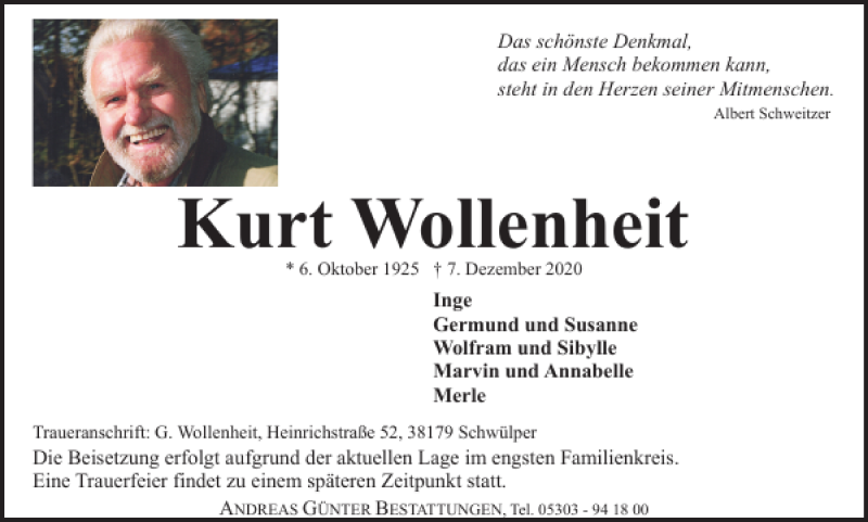  Traueranzeige für Kurt Wollenheit vom 12.12.2020 aus Braunschweiger Zeitung