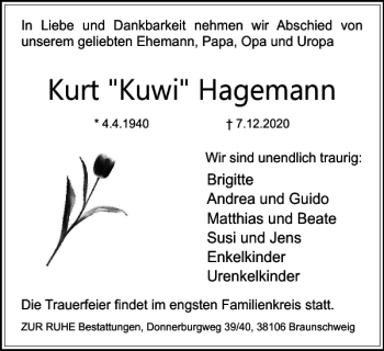 Traueranzeige von Kurt Kuwi Hagemann von Braunschweiger Zeitung