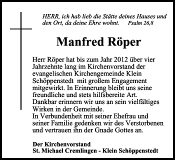 Traueranzeige von Manfred Röper von Wolfenbütteler Zeitung