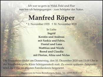 Traueranzeige von Manfred Röper von Braunschweiger Zeitung
