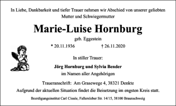 Traueranzeige von Marie-Luise Hornburg von Braunschweiger Zeitung