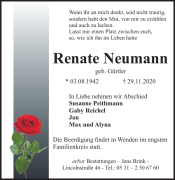 Traueranzeige von Renate Neumann von Braunschweiger Zeitung